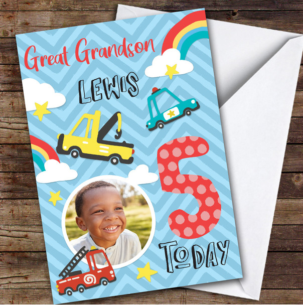 Car Fire Police Digger Photo Great Grandson 5th Boys Personalised Birthday Card