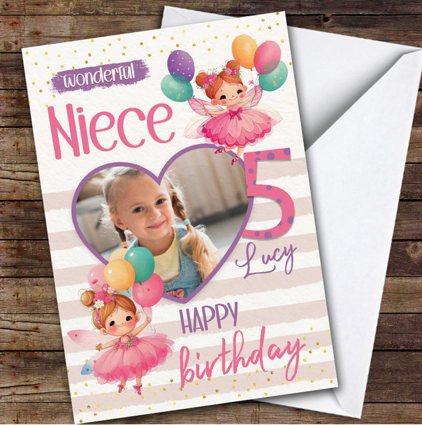 Niece 5th Fairies Fairy Balloons Heart Photo Girls Personalised Birthday Card