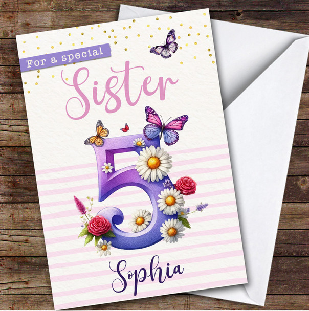 5th Sister Purple Floral Butterflies Custom Personalised Birthday Card