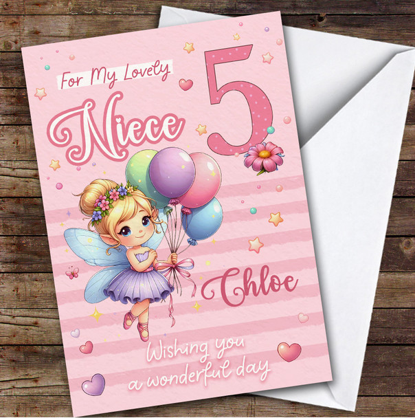 Niece 5th Pink Floral Fairy Girls Custom Personalised Birthday Card