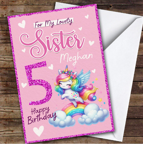 Sister 5th Rainbow Unicorn Girls Custom Personalised Birthday Card Sister 5th Rainbow Unicorn Girls Custom Personalised Birthday Card