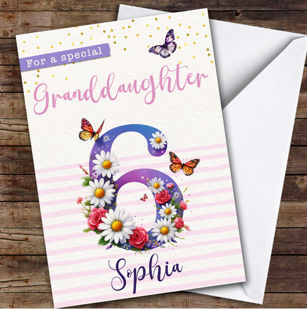 6th Granddaughter Purple Floral Butterflies Custom Personalised Birthday Card