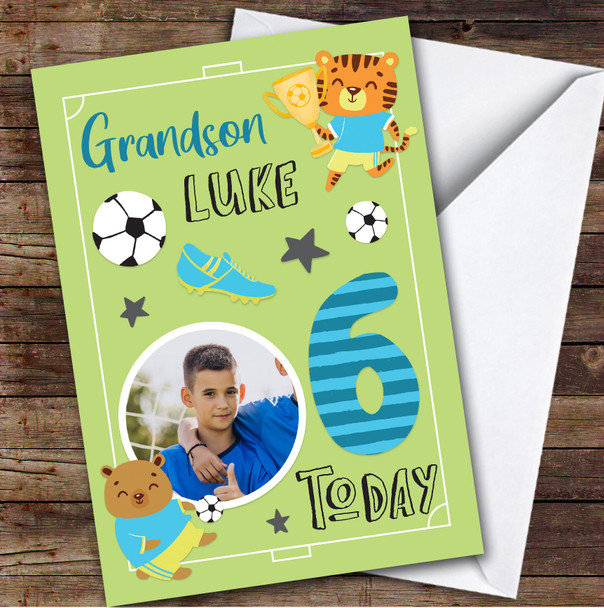 Football Animals Photo Grandson 6th Boys Custom Personalised Birthday Card