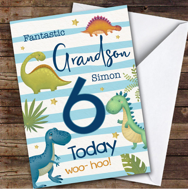 Grandson 6th Watercolour Dinosaurs Boys Custom Personalised Birthday Card