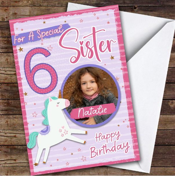 Sister 6th Pink Unicorn Photo Girls Custom Personalised Birthday Card