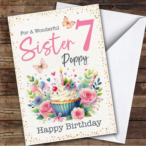 Sister 7th Floral Cupcake Girls Custom Personalised Birthday Card