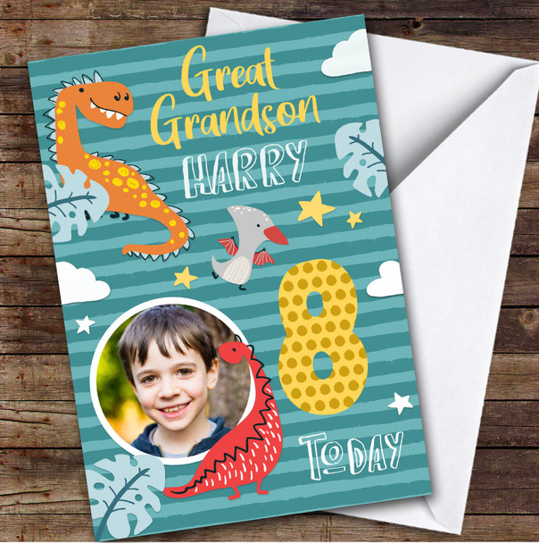 Dinosaur Clouds Photo Great Grandson 8th Boys Custom Personalised Birthday Card