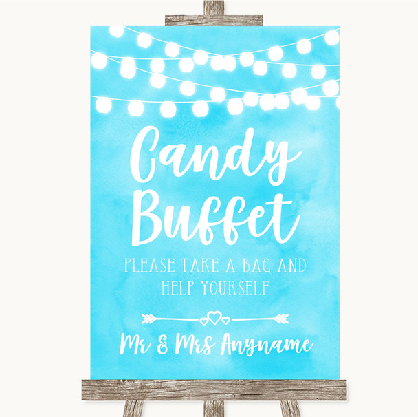 Aqua Sky Blue Watercolour Lights Candy Buffet Personalised Wedding Sign