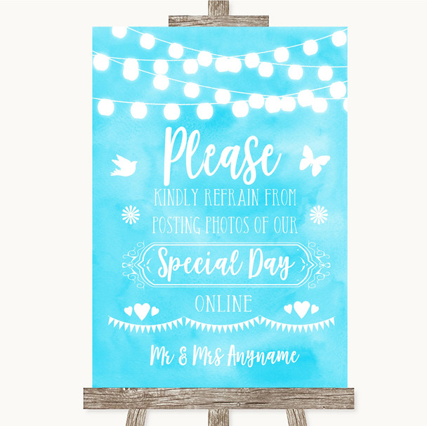 Aqua Sky Blue Lights Don't Post Photos Online Social Media Wedding Sign