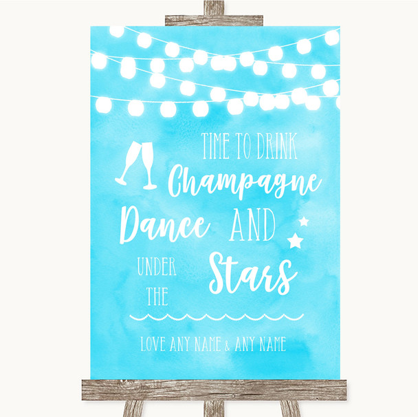 Aqua Sky Blue Watercolour Lights Drink Champagne Dance Stars Wedding Sign