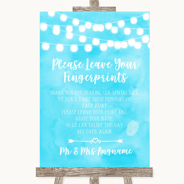 Aqua Sky Blue Watercolour Lights Fingerprint Guestbook Personalised Wedding Sign