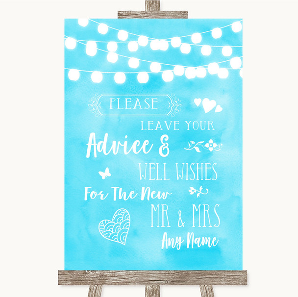 Aqua Sky Blue Watercolour Lights Guestbook Advice & Wishes Mr & Mrs Wedding Sign