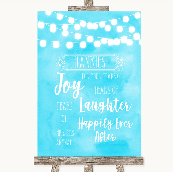 Aqua Sky Blue Watercolour Lights Hankies And Tissues Personalised Wedding Sign