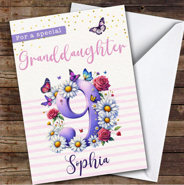 9th Granddaughter Purple Floral Butterflies Custom Personalised Birthday Card