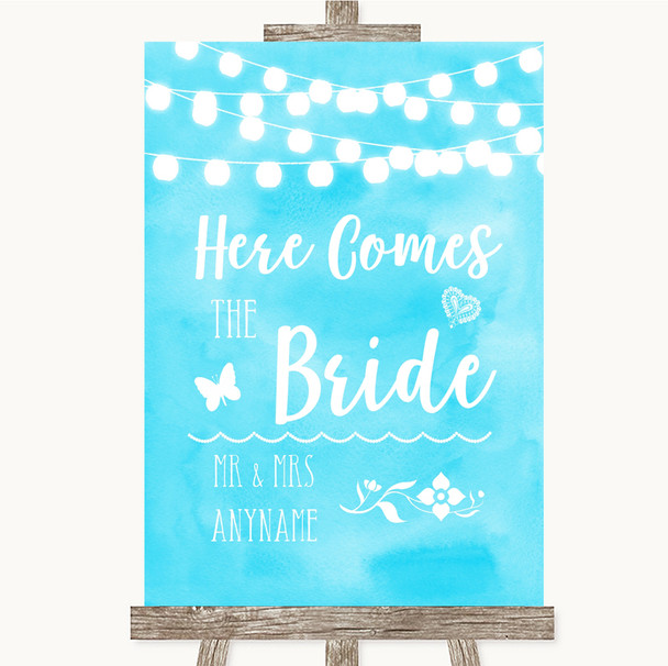 Aqua Sky Blue Watercolour Lights Here Comes Bride Aisle Wedding Sign