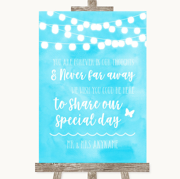 Aqua Sky Blue Watercolour Lights In Our Thoughts Personalised Wedding Sign