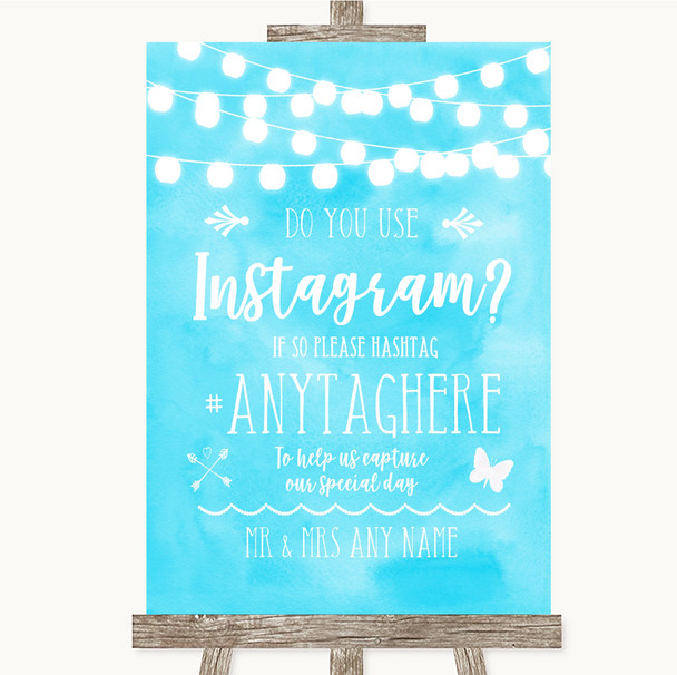 Aqua Sky Blue Watercolour Lights Instagram Photo Sharing Wedding Sign
