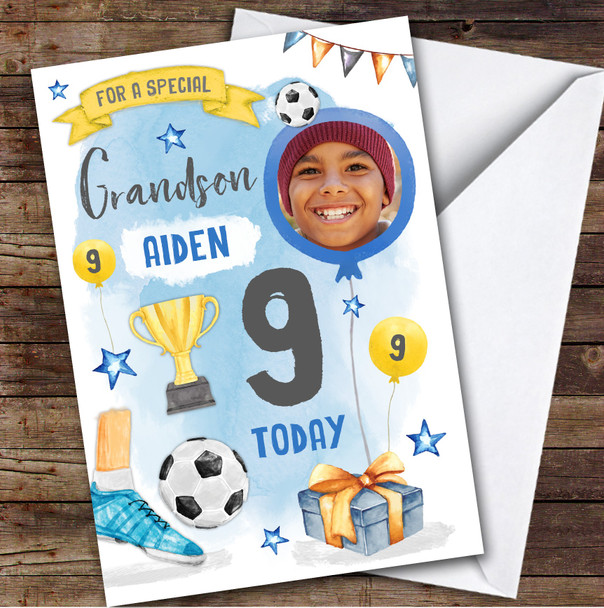 Football Sport Photo Grandson 9th Boys Custom Personalised Birthday Card