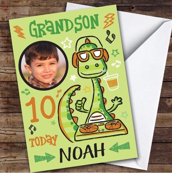 Dinosaur DJ Green Photo Grandson 10th Boys Custom Personalised Birthday Card