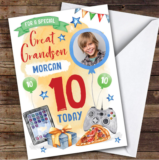 Gaming Tech Pizza Photo Great Grandson 10th Boys Personalised Birthday Card