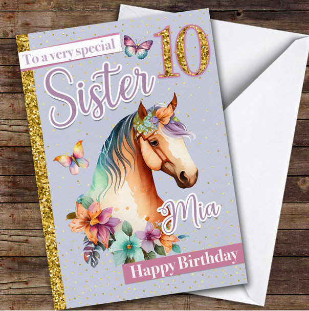 Sister 10th Floral Horse Riding Fan Girls Custom Personalised Birthday Card