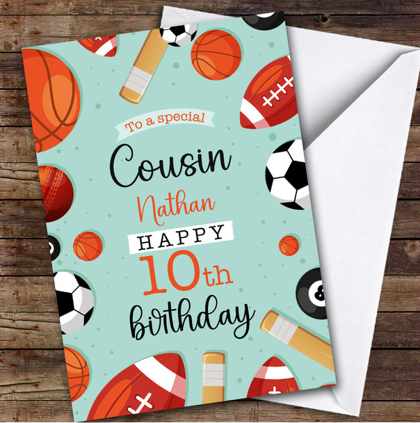 10th Cousin Sports Football Rugby Cricket Balls Personalised Birthday Card