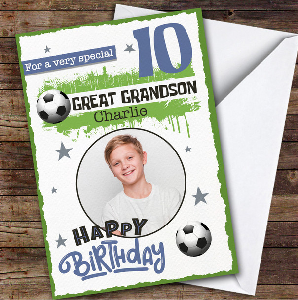 Great Grandson 10th Football Photo Boys Custom Personalised Birthday Card