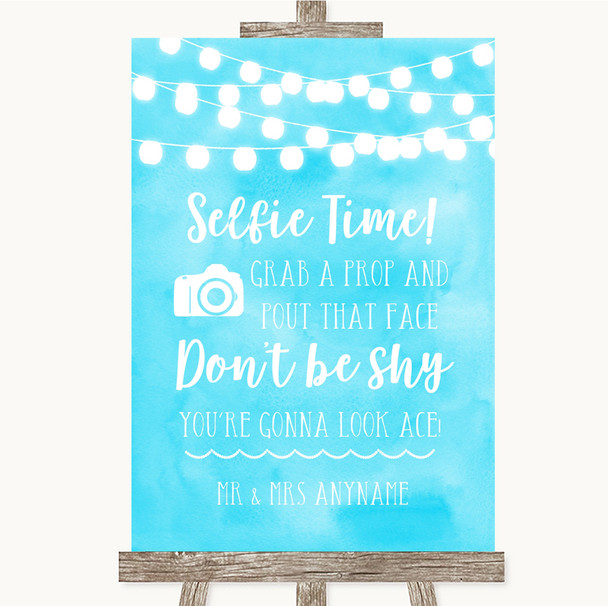 Aqua Sky Blue Watercolour Lights Selfie Photo Prop Personalised Wedding Sign