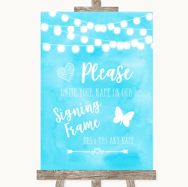 Aqua Sky Blue Watercolour Lights Signing Frame Guestbook Wedding Sign