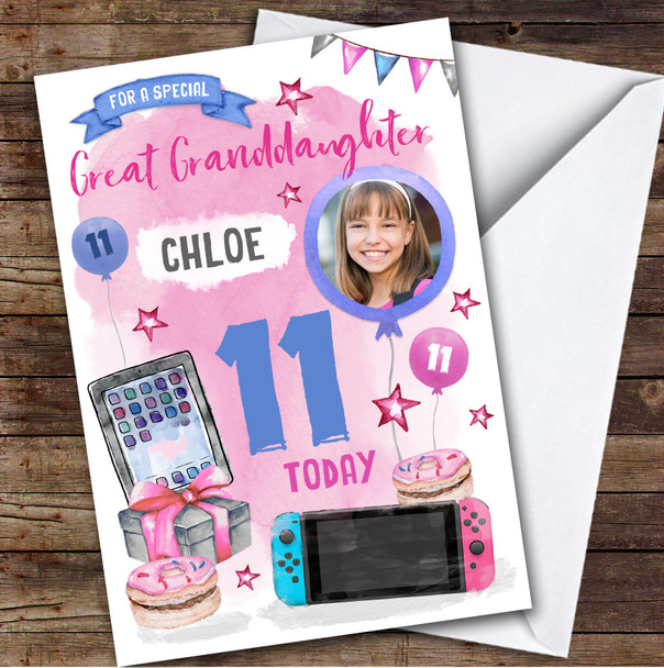 Tech Tablet Gamer Photo Great Granddaughter 11th Girl Personalised Birthday Card