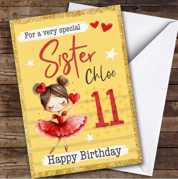 Sister Yellow 11th Ballet Dancer Ballerina Girls Personalised Birthday Card