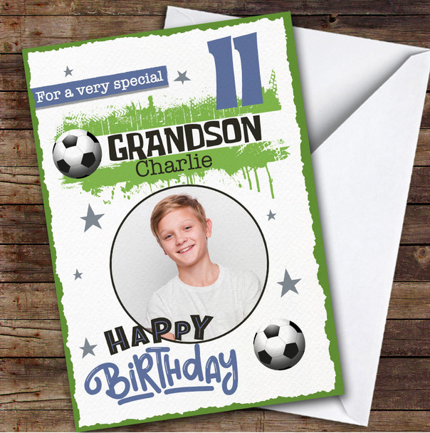 Grandson 11th Football Photo Boys Custom Personalised Birthday Card