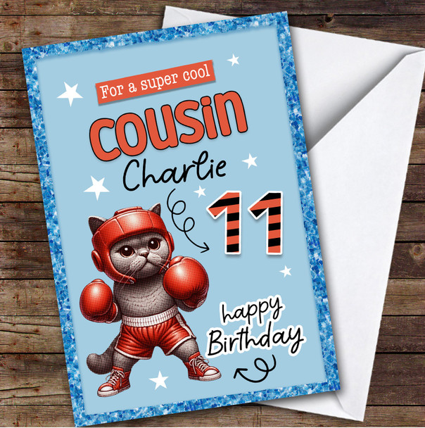 11th Cousin Blue Boxing Cat Custom Personalised Birthday Card