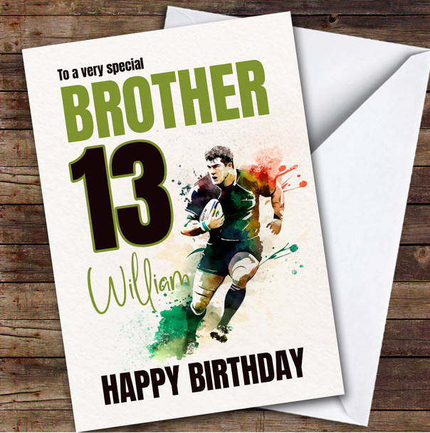 13th Brother Splash Rugby Player Teenager Boys Custom Personalised Birthday Card