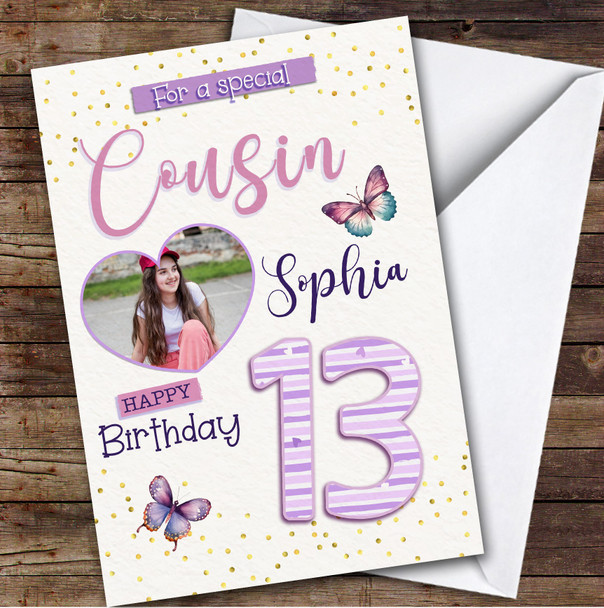 13th Cousin Purple Butterflies Heart Photo Teenager Personalised Birthday Card