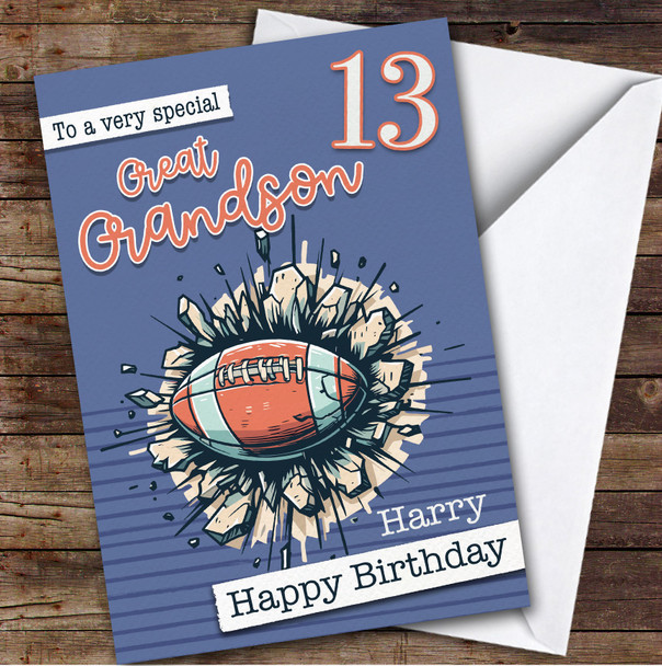 13th Great Grandson Rugby Ball Teenager Boys Custom Personalised Birthday Card