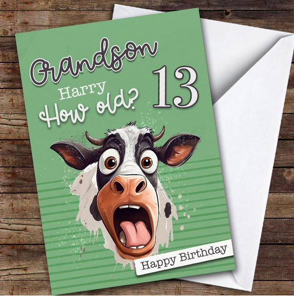 13th Grandson Green Funny Cow Teenager Boys Custom Personalised Birthday Card