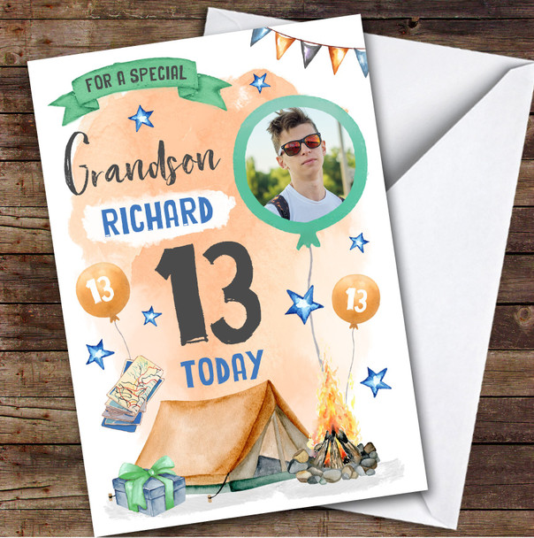 Camping Outdoors Photo Grandson 13th Teenager Boys Personalised Birthday Card