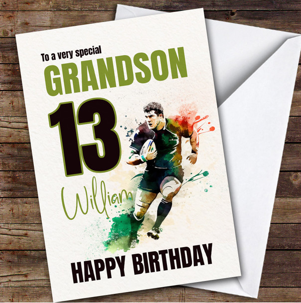 13th Grandson Splash Rugby Player Teenager Boys Personalised Birthday Card