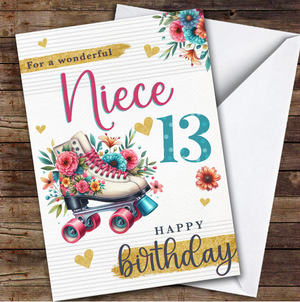 Niece 13th Floral Roller Skate Skating Teenager Personalised Birthday Card
