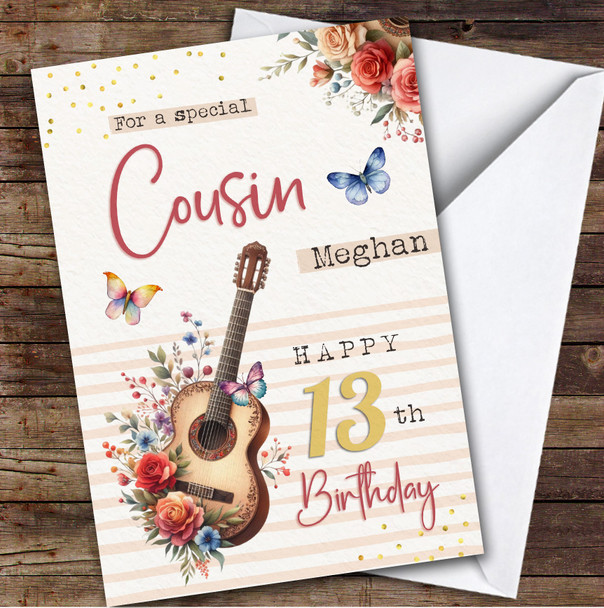 Cousin 13th Floral Guitar Teenager Custom Personalised Birthday Card
