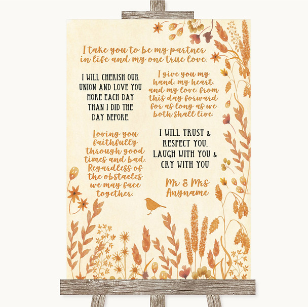 Autumn Leaves Romantic Vows Personalised Wedding Sign