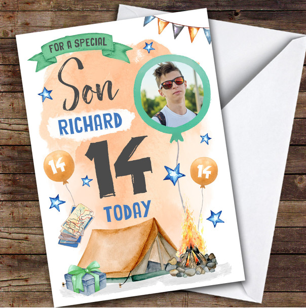 Camping Outdoors Photo Son 14th Teenager Boys Custom Personalised Birthday Card