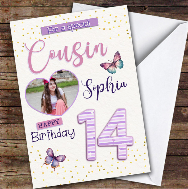 14th Cousin Purple Butterflies Heart Photo Teenager Personalised Birthday Card