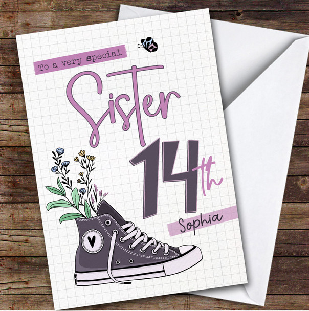 14th Sister Floral Trainers Sneakers Sport Teenager Personalised Birthday Card