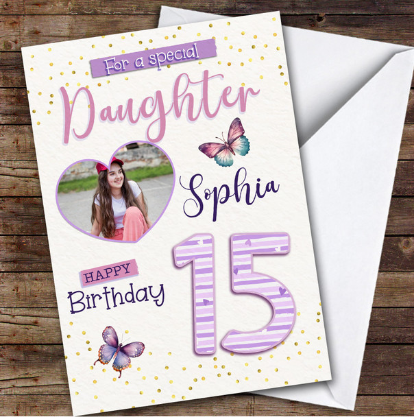 15th Daughter Purple Butterflies Heart Photo Teenager Personalised Birthday Card