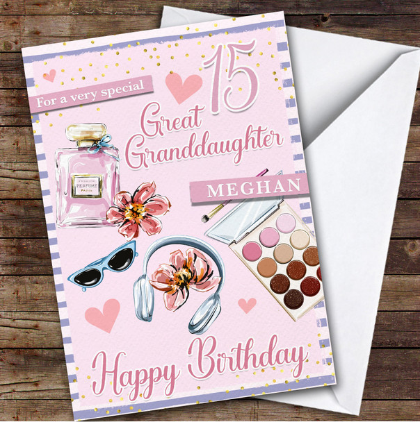 15th Great Granddaughter Pink Makeup Teenager Custom Personalised Birthday Card
