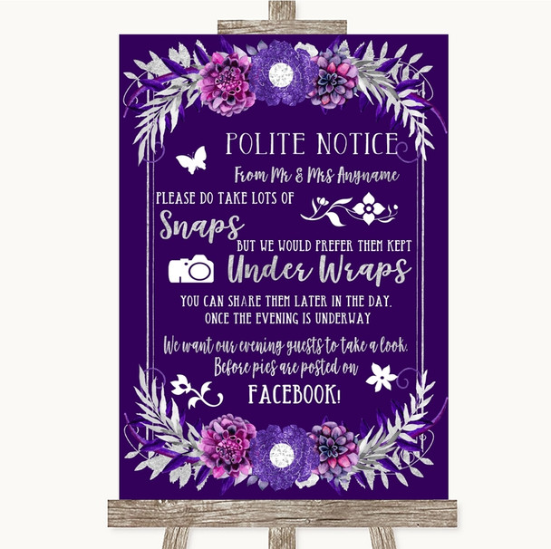 Purple & Silver Don't Post Photos Facebook Personalised Wedding Sign