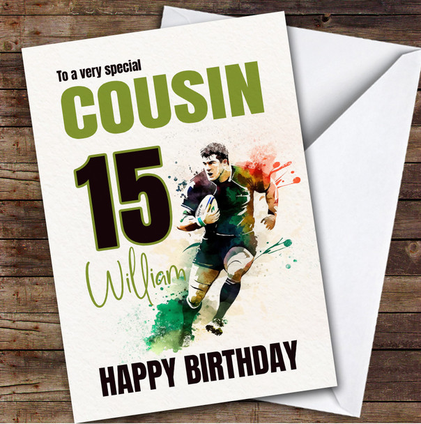 15th Cousin Splash Rugby Player Teenager Custom Personalised Birthday Card