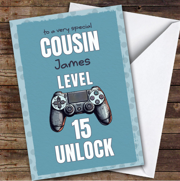Cousin 15th Blue Girl Gamer Gaming Pad Teenager Personalised Birthday Card